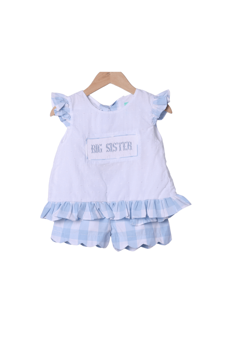 The Smocked Flamingo Apparel & Accessories Smocked Big Sister Blue Buffalo Check Short Set