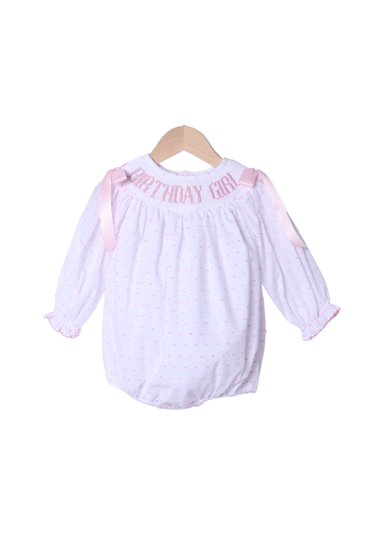 The Smocked Flamingo Apparel & Accessories Smocked Birthday Girl Pink Swiss Dot Bubble Long Sleeve
