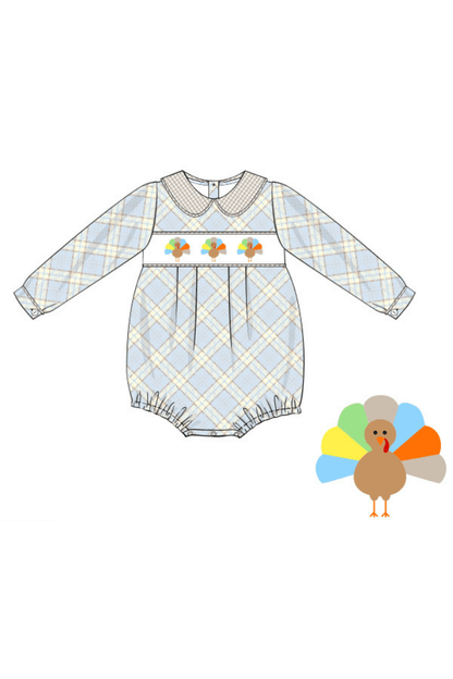 The Smocked Flamingo Apparel & Accessories Smocked Blue and Khaki Plaid Turkey Bubble