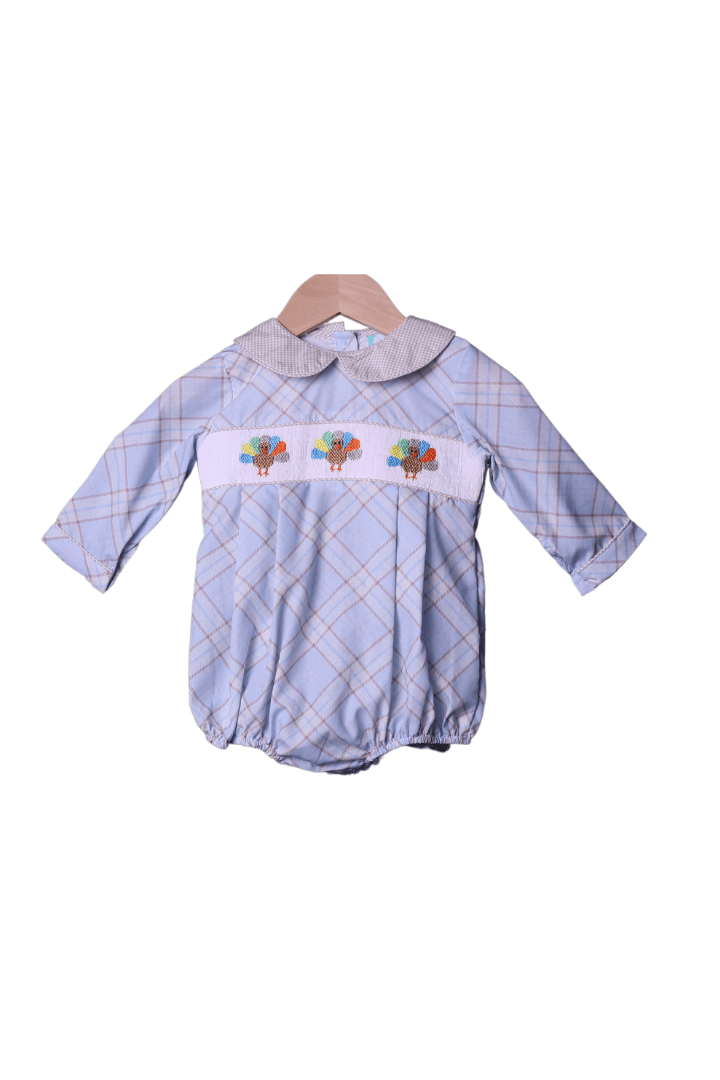 The Smocked Flamingo Apparel & Accessories Smocked Blue and Khaki Plaid Turkey Bubble