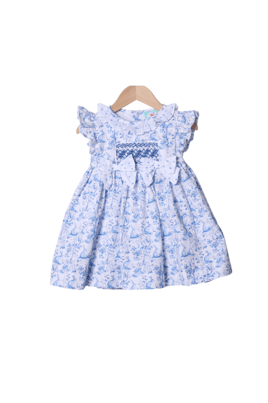 The Smocked Flamingo Apparel & Accessories Smocked Blue Bunny Toile Dress