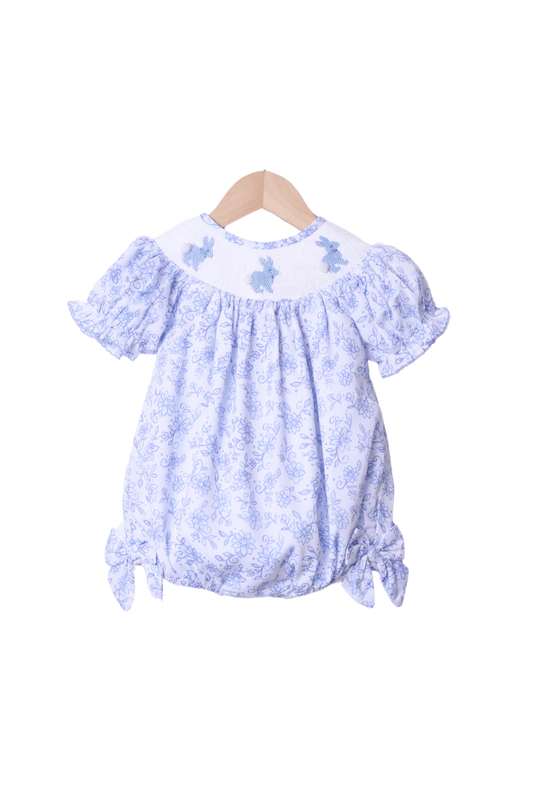 The Smocked Flamingo Apparel & Accessories Smocked Blue Floral Bishop Bunny Bow Bubble