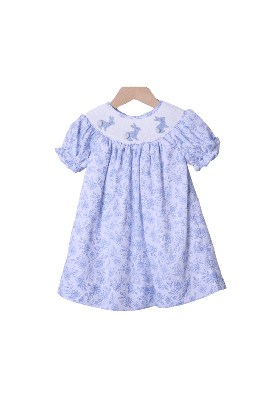The Smocked Flamingo Apparel & Accessories Smocked Blue Floral Bishop Bunny Bow Bubble Dress
