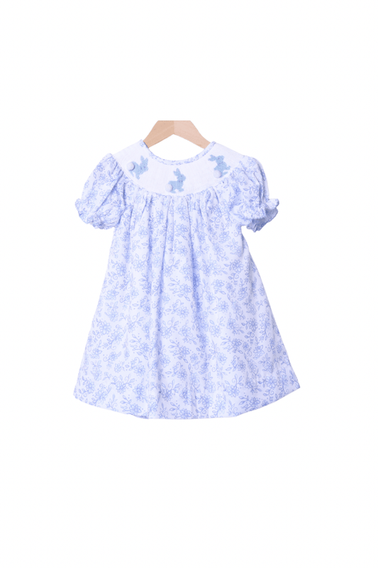 The Smocked Flamingo Apparel & Accessories Smocked Blue Floral Bishop Bunny Bow Bubble Dress