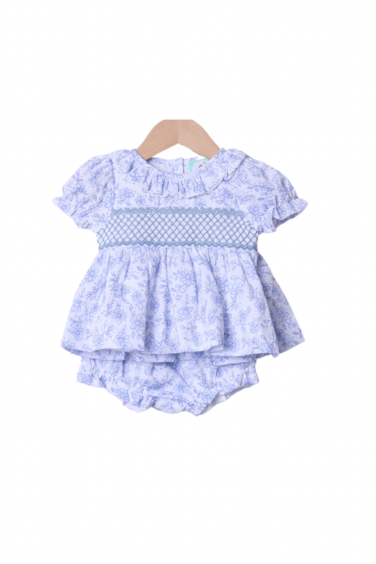 The Smocked Flamingo Apparel & Accessories Smocked Blue Floral Heirloom Bloomer Set