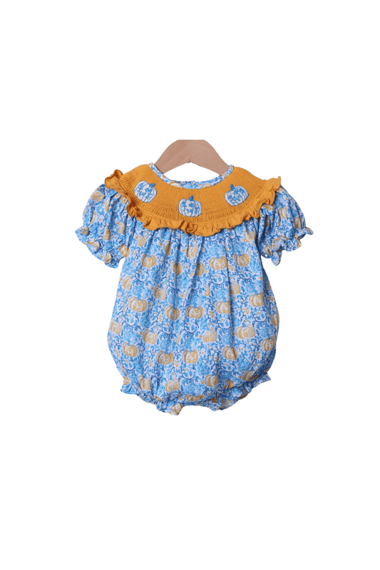 The Smocked Flamingo Apparel & Accessories Smocked Blue Floral Pumpkin Bishop Bubble