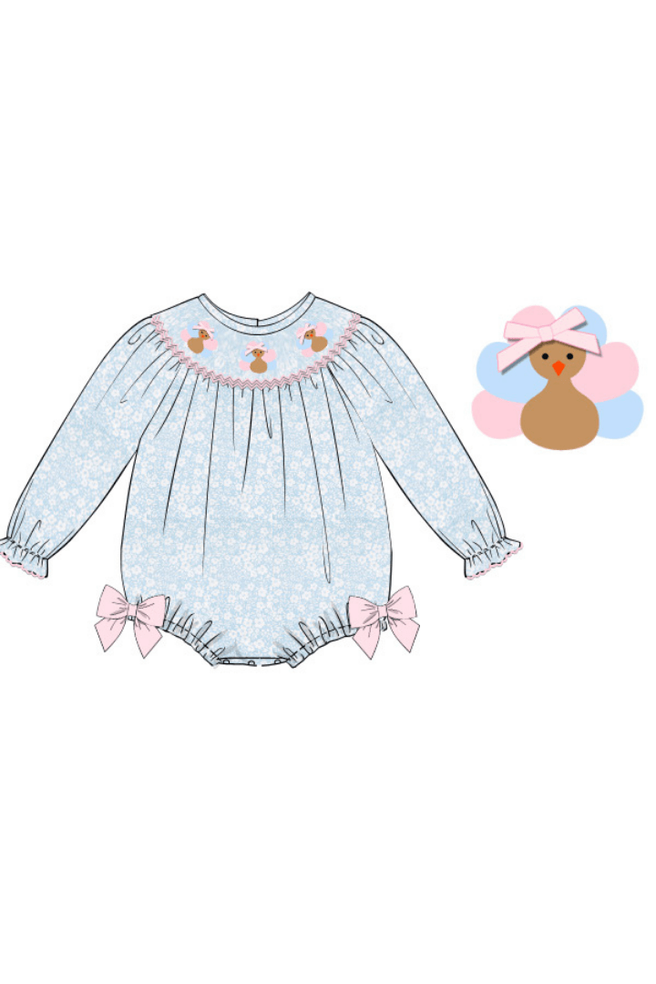 The Smocked Flamingo Apparel & Accessories Smocked Blue Floral Turkey Bubble