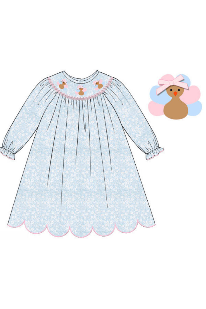 The Smocked Flamingo Apparel & Accessories Smocked Blue Floral Turkey Dress