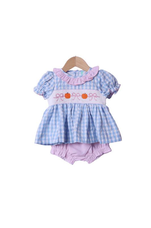 The Smocked Flamingo Apparel & Accessories Smocked Blue Gingham Bow Pumpkin Bloomer Set