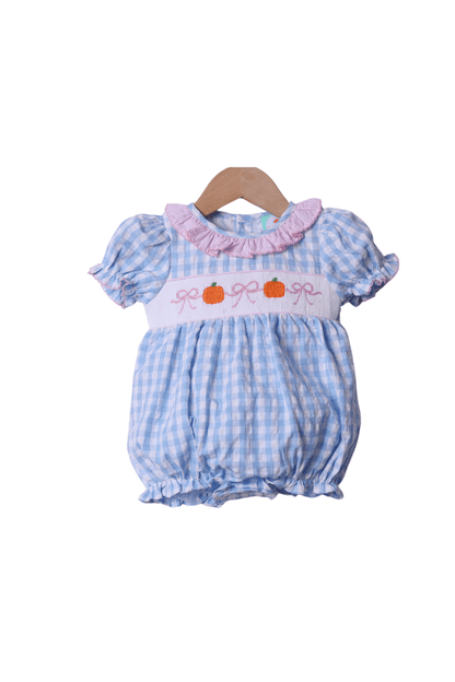 The Smocked Flamingo Apparel & Accessories Smocked Blue Gingham Bow Pumpkin Bubble