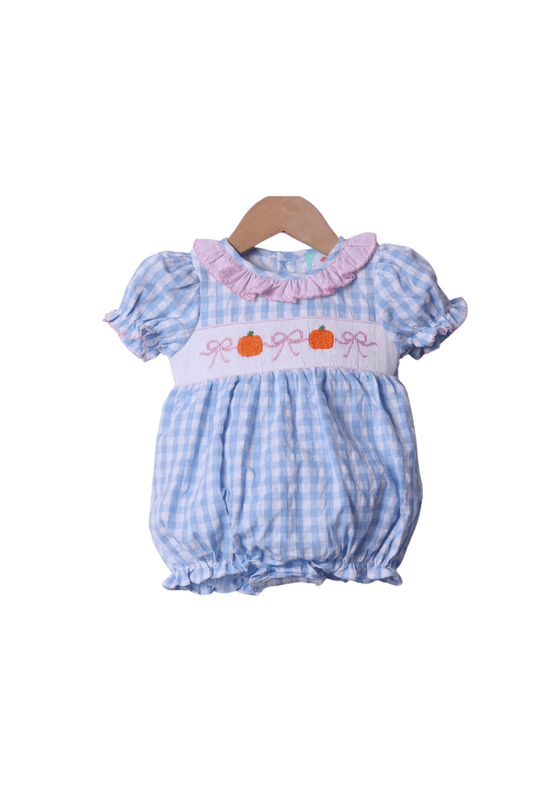 The Smocked Flamingo Apparel & Accessories Smocked Blue Gingham Bow Pumpkin Bubble