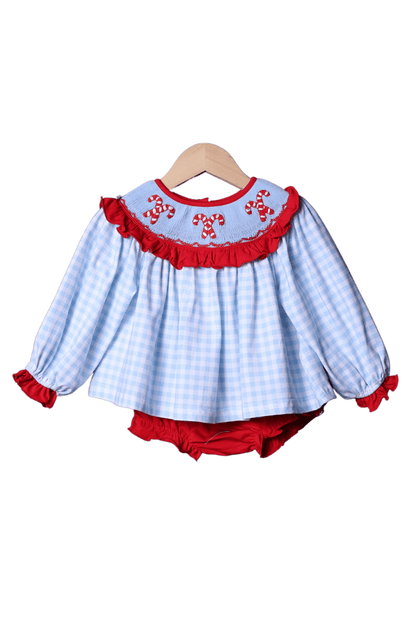 The Smocked Flamingo Apparel & Accessories Smocked Blue Gingham Candy Cane Bishop Bloomer Set