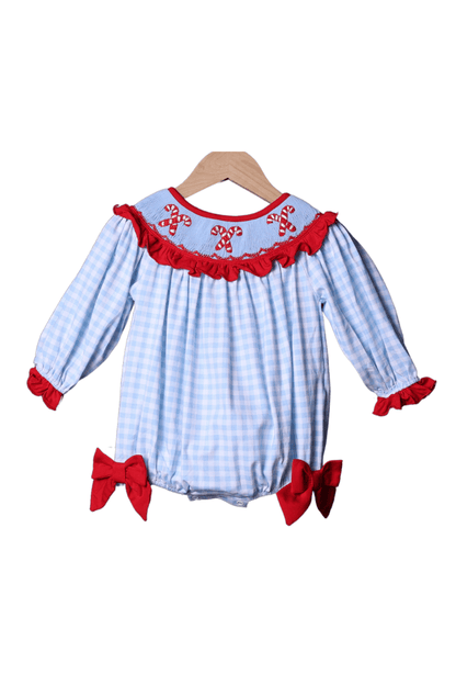 The Smocked Flamingo Apparel & Accessories Smocked Blue Gingham Candy Cane Bishop Bubble