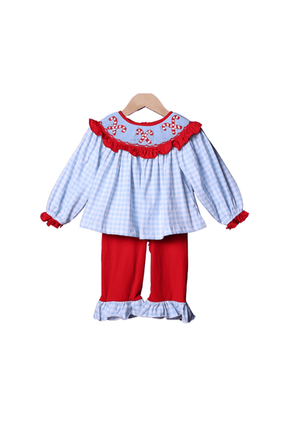 The Smocked Flamingo Apparel & Accessories Smocked Blue Gingham Candy Cane Bishop Pant Set