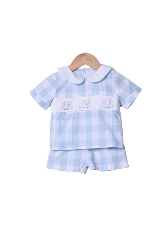 The Smocked Flamingo Apparel & Accessories Smocked Blue Gingham Cowboy Boots Short Set