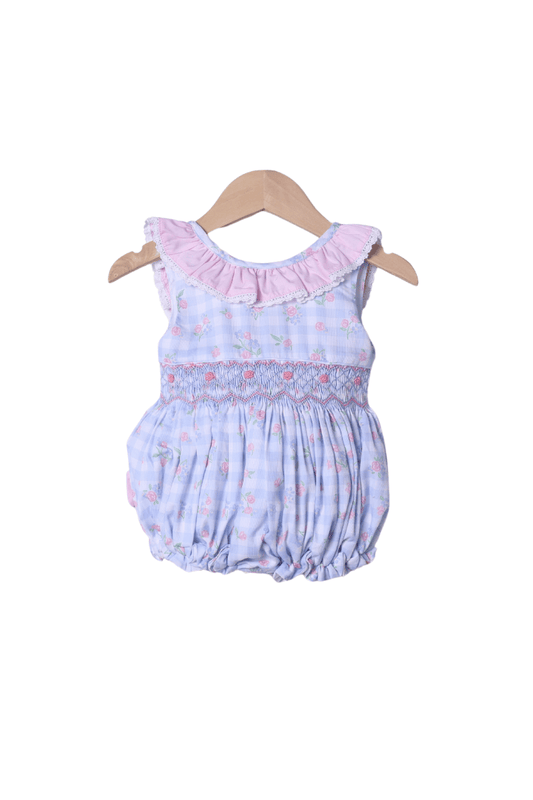 The Smocked Flamingo Apparel & Accessories Smocked Blue Gingham Floral Bow Bubble