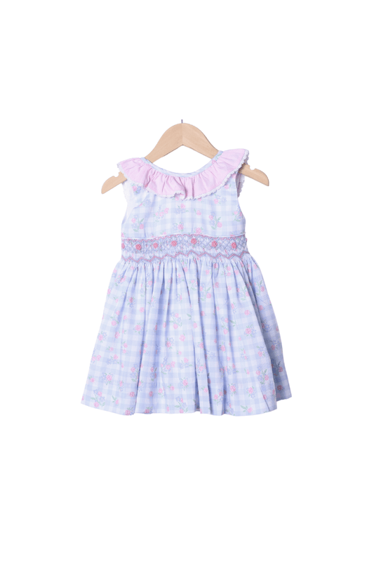 The Smocked Flamingo Apparel & Accessories Smocked Blue Gingham Floral Bow Dress