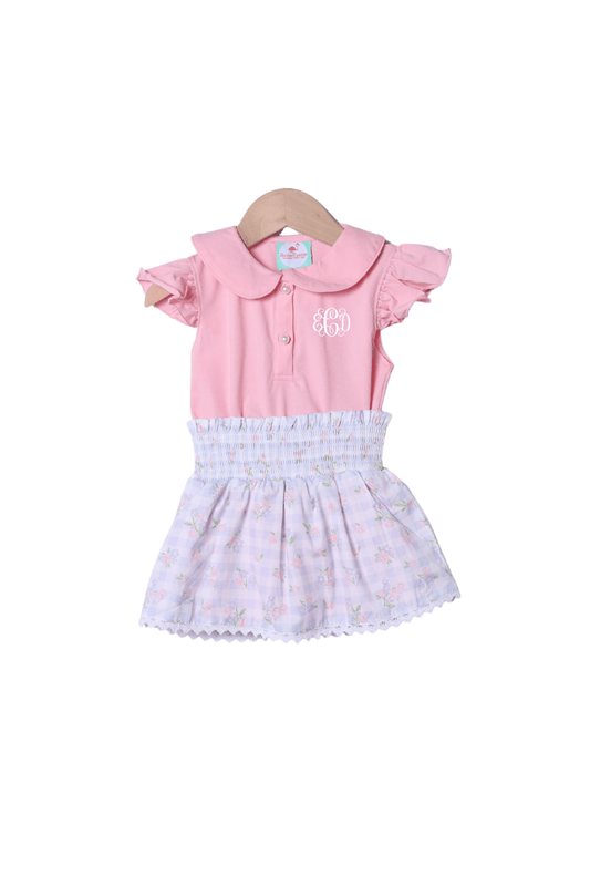 The Smocked Flamingo Apparel & Accessories Smocked Blue Gingham Floral Skort Set