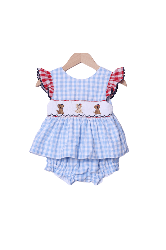 The Smocked Flamingo Apparel & Accessories Smocked Blue Gingham Patriotic Pup Bloomer Set