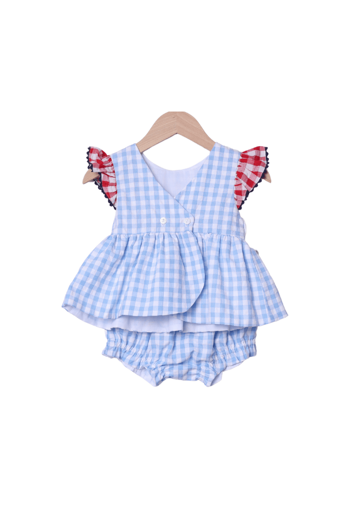 The Smocked Flamingo Apparel & Accessories Smocked Blue Gingham Patriotic Pup Bloomer Set