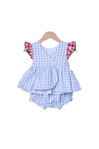 The Smocked Flamingo Apparel & Accessories Smocked Blue Gingham Patriotic Pup Bloomer Set