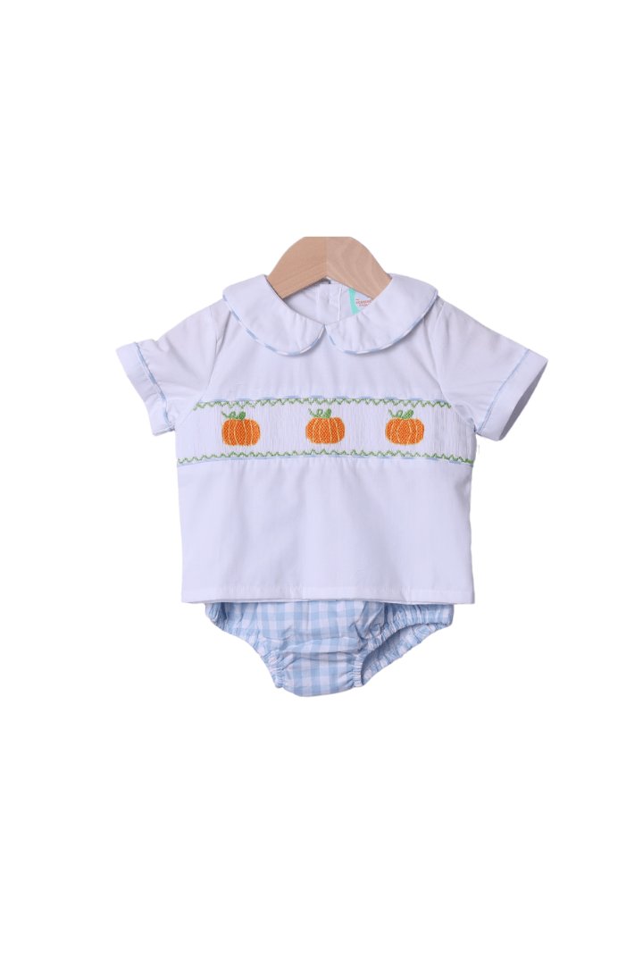 The Smocked Flamingo Apparel & Accessories Smocked Blue Gingham Pumpkin Diaper Set