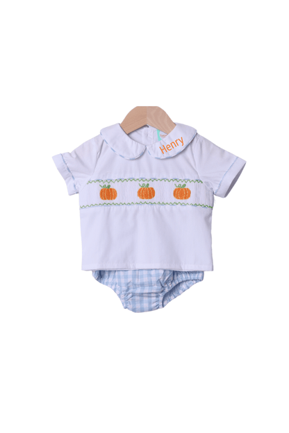 The Smocked Flamingo Apparel & Accessories Smocked Blue Gingham Pumpkin Diaper Set