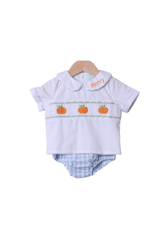 The Smocked Flamingo Apparel & Accessories Smocked Blue Gingham Pumpkin Diaper Set