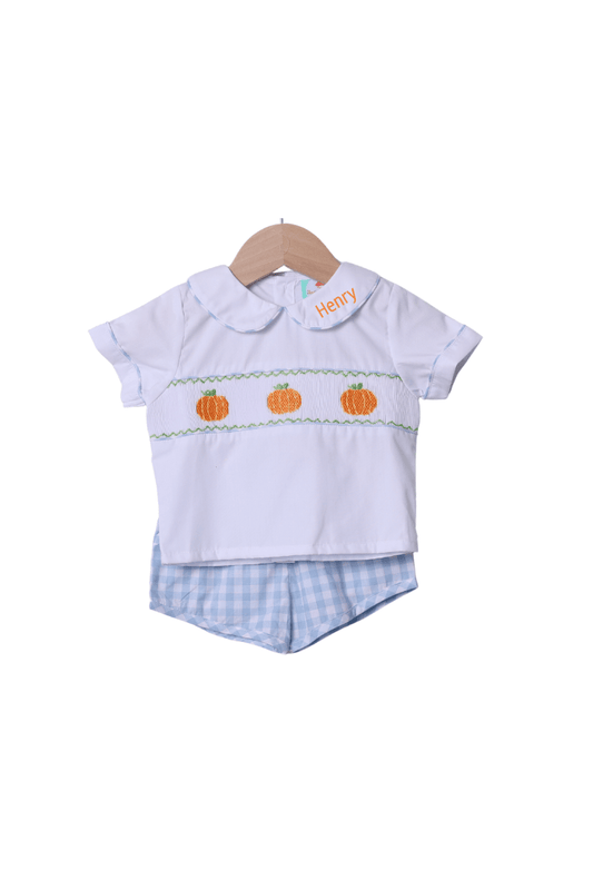 The Smocked Flamingo Apparel & Accessories Smocked Blue Gingham Pumpkin Short Set