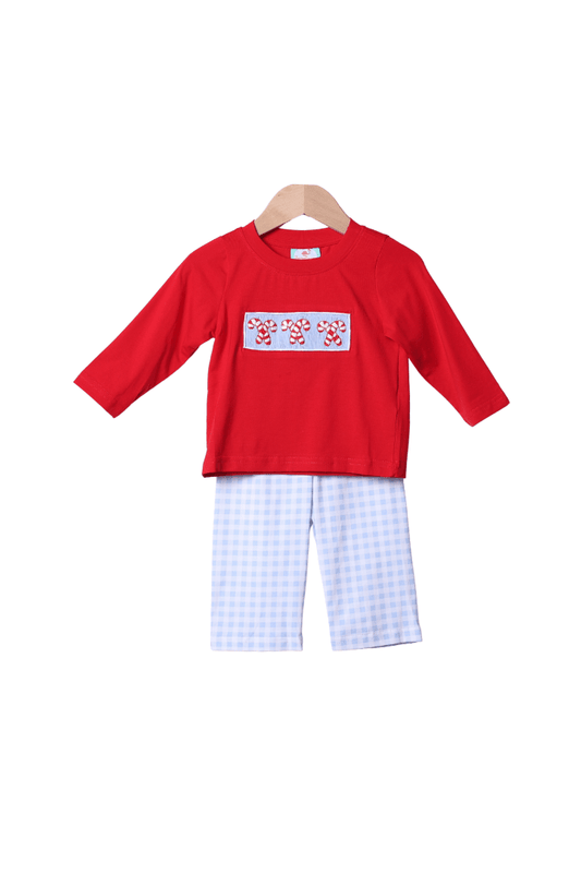 The Smocked Flamingo Apparel & Accessories Smocked Blue Gingham Red Knit Candy Cane Pant Set