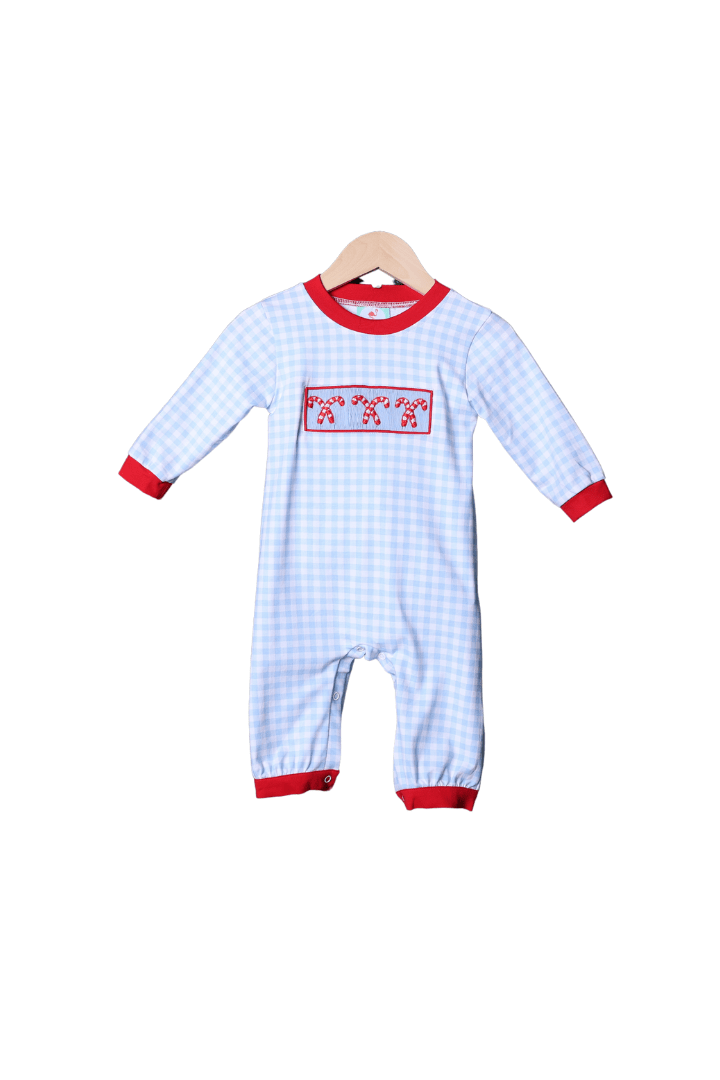 The Smocked Flamingo Apparel & Accessories Smocked Blue Gingham Red Knit Candy Cane Romper