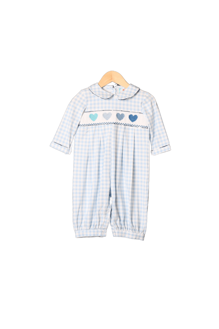 The Smocked Flamingo Apparel & Accessories Smocked Blue Heart Gingham Romper