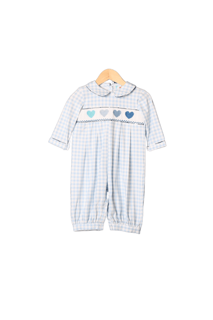 The Smocked Flamingo Apparel & Accessories Smocked Blue Heart Gingham Romper