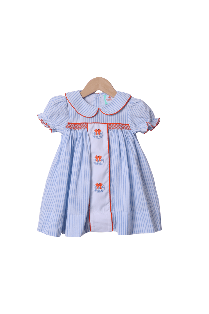 The Smocked Flamingo Apparel & Accessories Smocked Blue Pinstripe Pumpkin Dress