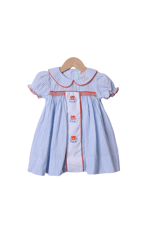 The Smocked Flamingo Apparel & Accessories Smocked Blue Pinstripe Pumpkin Dress