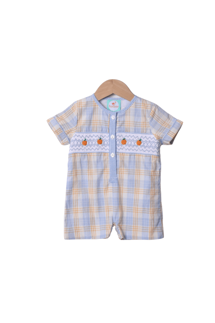 The Smocked Flamingo Apparel & Accessories Smocked Blue Plaid Bullion Romper