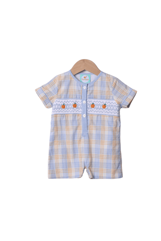 The Smocked Flamingo Apparel & Accessories Smocked Blue Plaid Bullion Romper