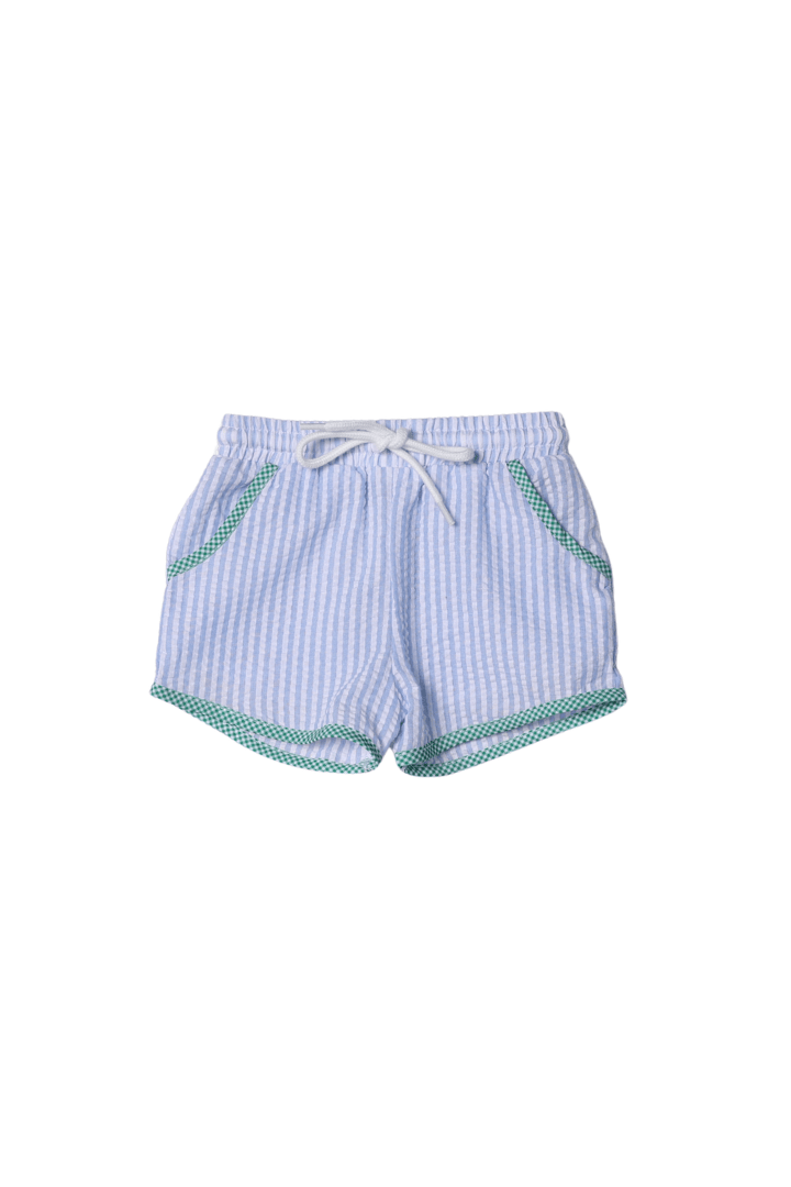 The Smocked Flamingo Apparel & Accessories Smocked Blue Seersucker Derby Short Set