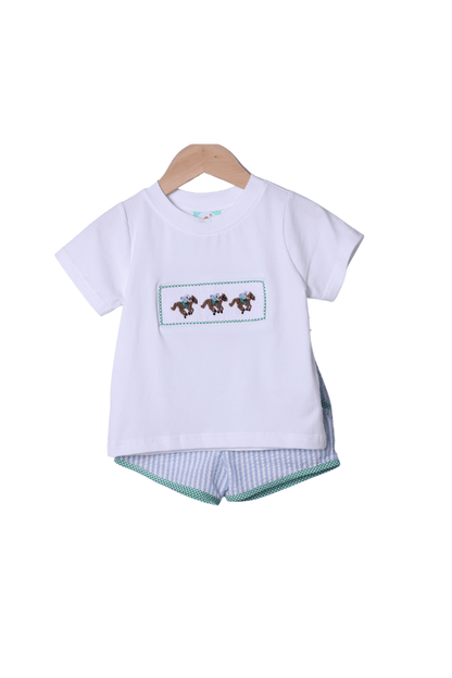 The Smocked Flamingo Apparel & Accessories Smocked Blue Seersucker Derby Short Set