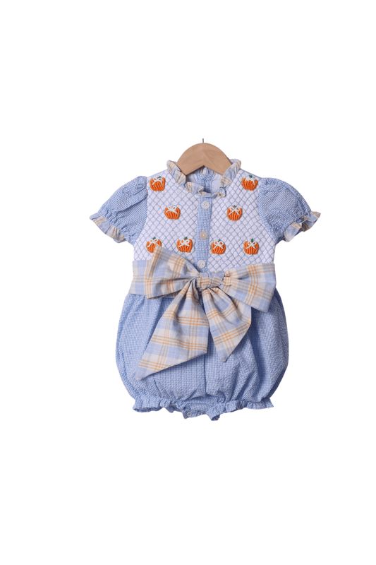 The Smocked Flamingo Apparel & Accessories Smocked Blue Seersucker Gingham Bullion Bow Bubble