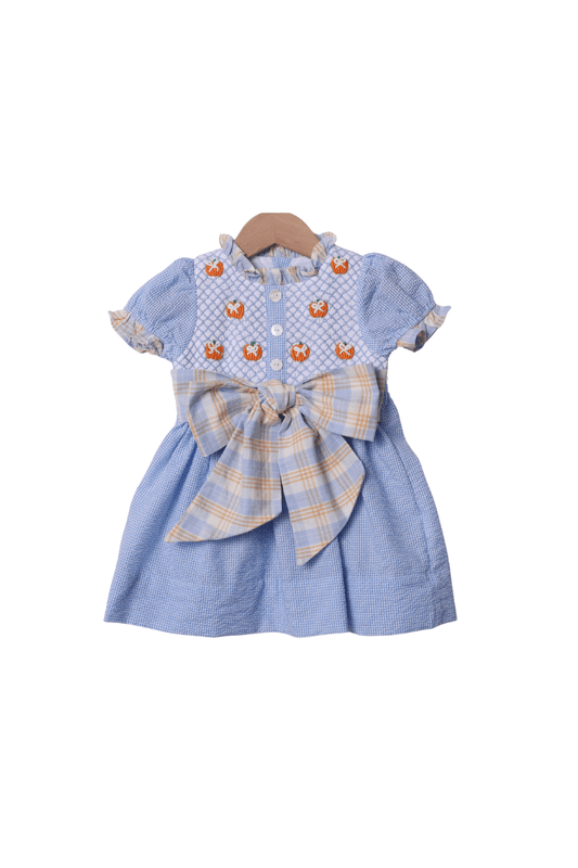 The Smocked Flamingo Apparel & Accessories Smocked Blue Seersucker Gingham Bullion Bow Dress