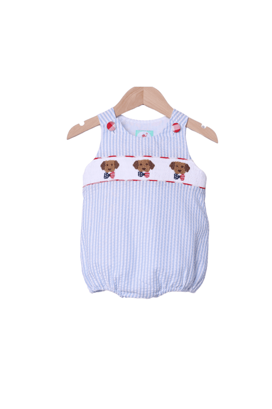 The Smocked Flamingo Apparel & Accessories Smocked Blue Seersucker Patriotic Pup Bubble