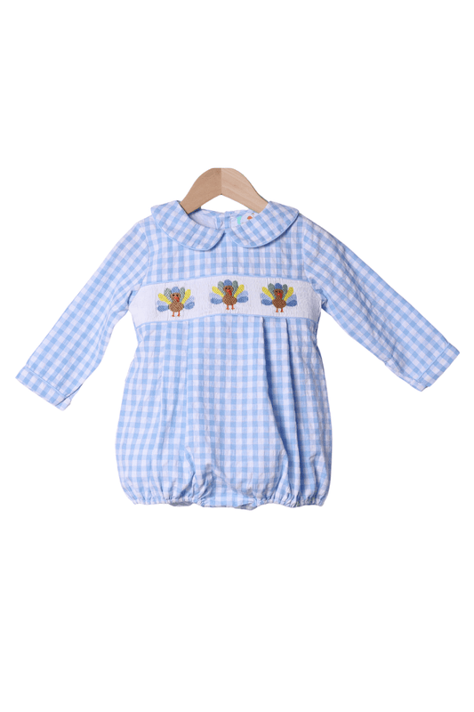 The Smocked Flamingo Apparel & Accessories Smocked Blue Seersucker Turkey Bubble