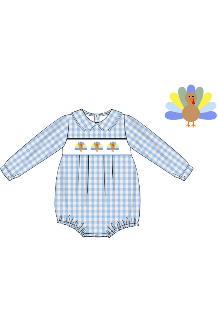 The Smocked Flamingo Apparel & Accessories Smocked Blue Seersucker Turkey Bubble