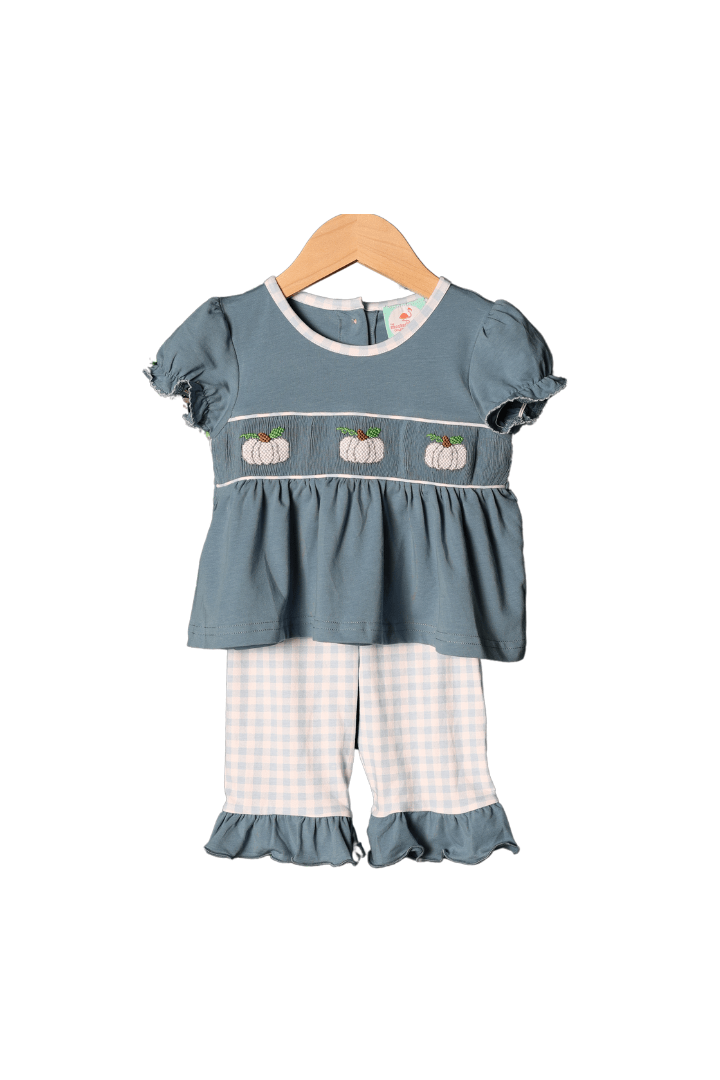 The Smocked Flamingo Apparel & Accessories Smocked Blue Stone Pumpkin Ruffle Pant Set