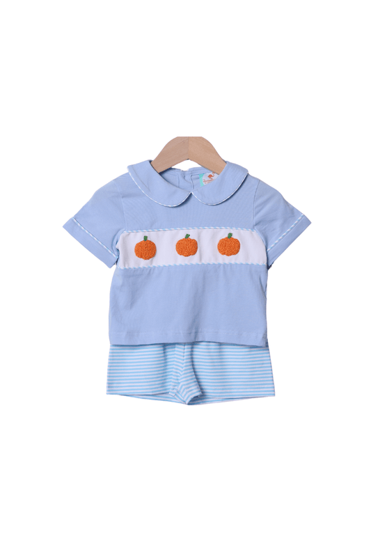 The Smocked Flamingo Apparel & Accessories Smocked Blue Stripe Pumpkin Short Set