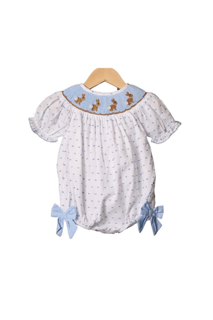 The Smocked Flamingo Apparel & Accessories Smocked Blue Swiss Dot Bunny Bow Bubble