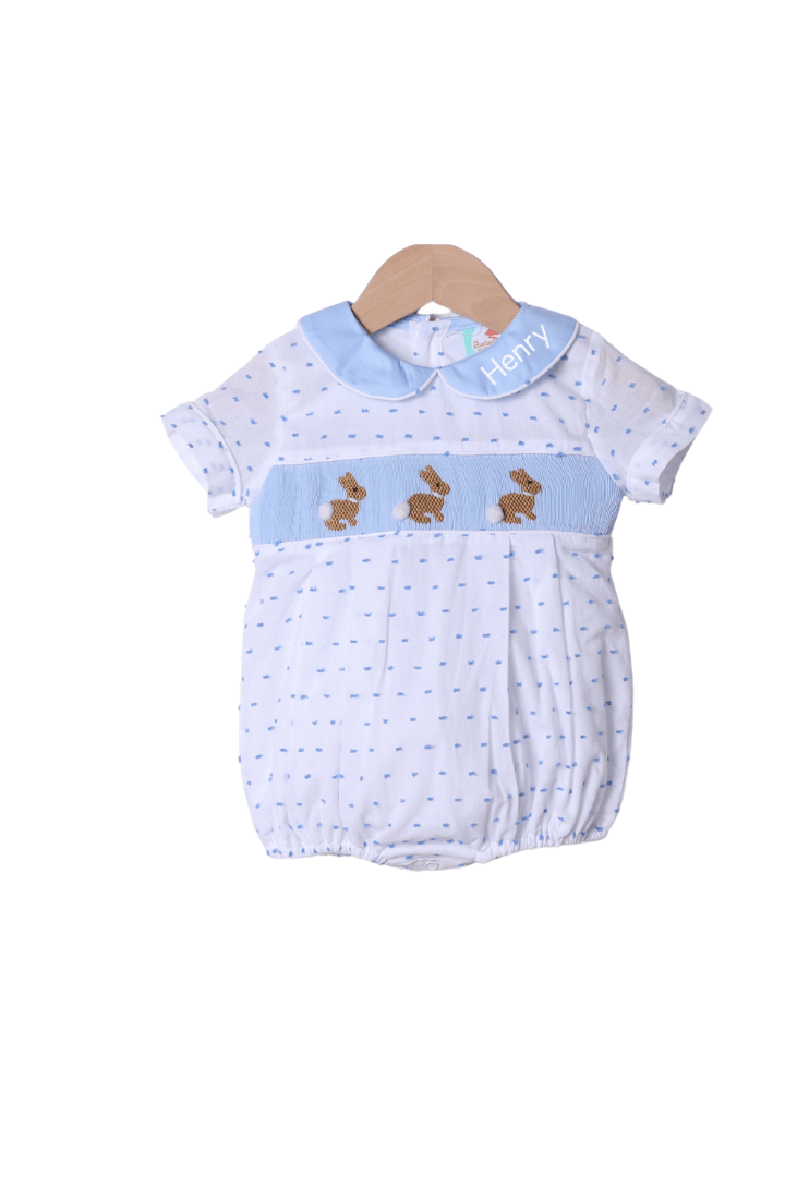 The Smocked Flamingo Apparel & Accessories Smocked Blue Swiss Dot Bunny Bubble