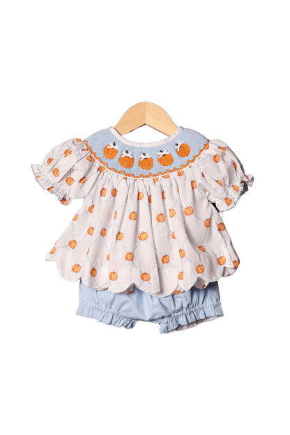 The Smocked Flamingo Apparel & Accessories Smocked Blue Trellis Pumpkin Bloomer Set