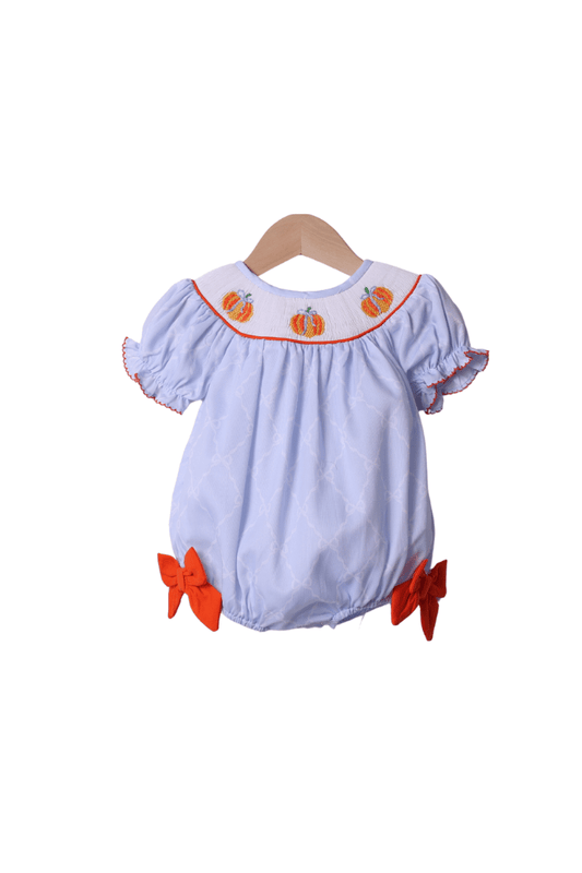 The Smocked Flamingo Apparel & Accessories Smocked Blue Trellis Pumpkin Bow Bubble